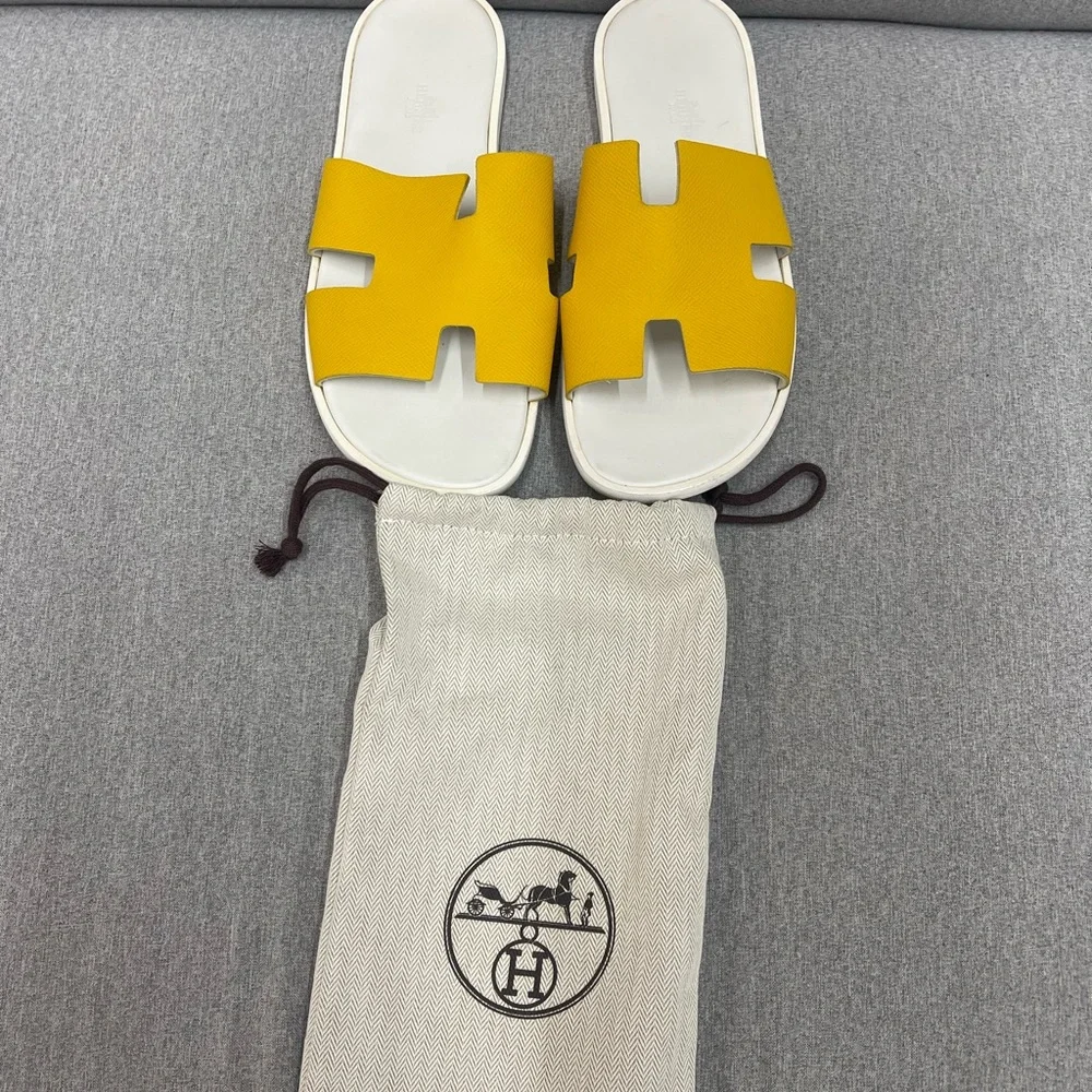 Hermes Yellow Oran Leather Slide Sandals
